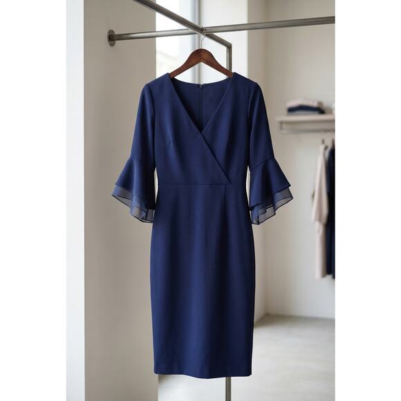 Adrianna Papell Dresses & Skirts - Three Quarter Bell Sleeve Sheath Midi Dress In Navy Sateen 16 NWT